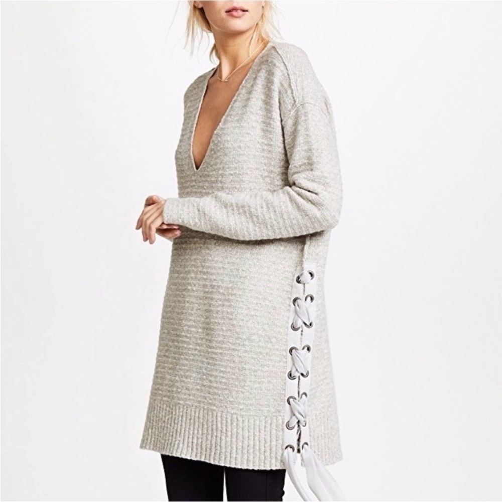 Free People Heart It Lace-Up Oversized Tunic Sweater Gray Medium v neck dress